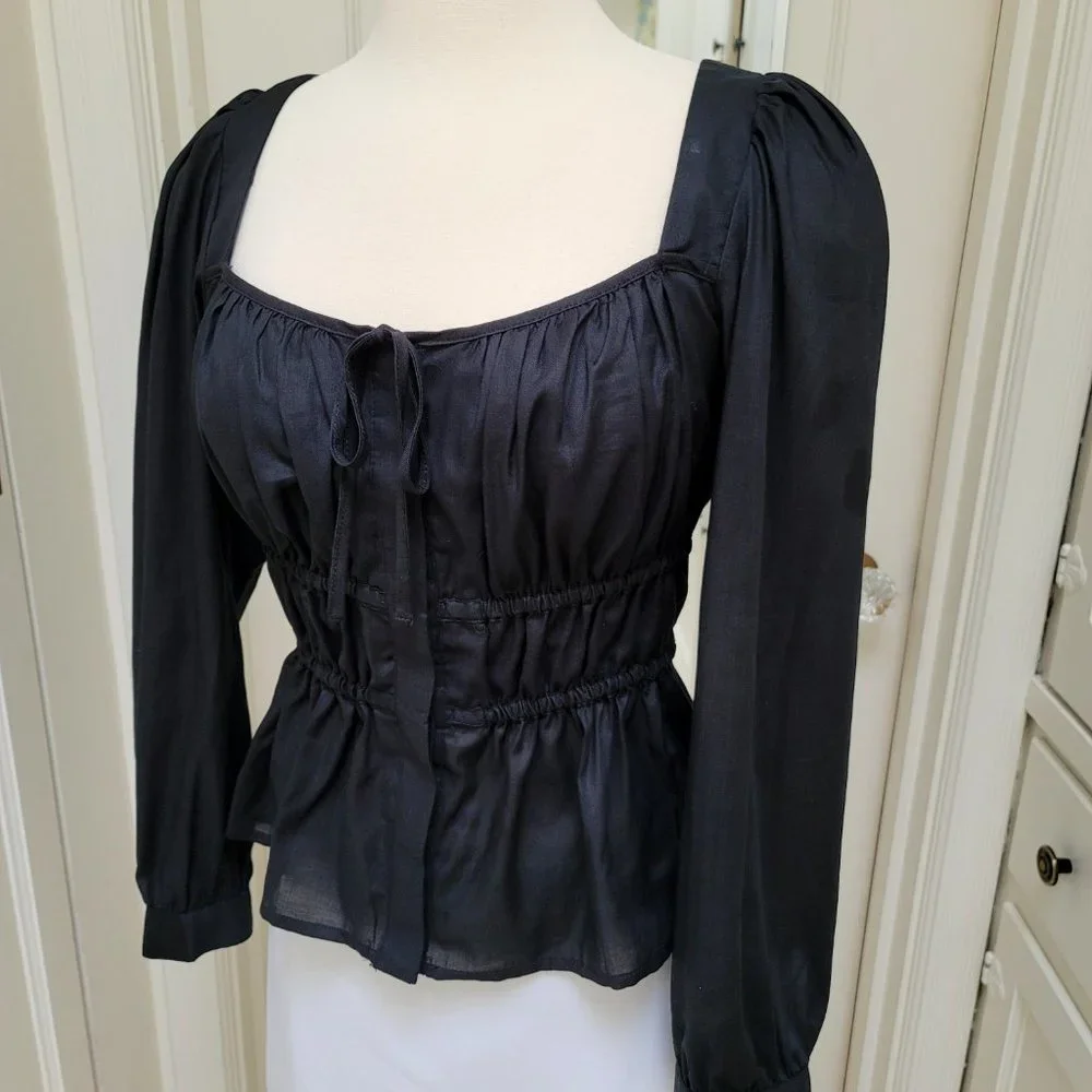 New! J Crew size 10 Cinched Waist Top Herringbone Cotton Black Square NWT